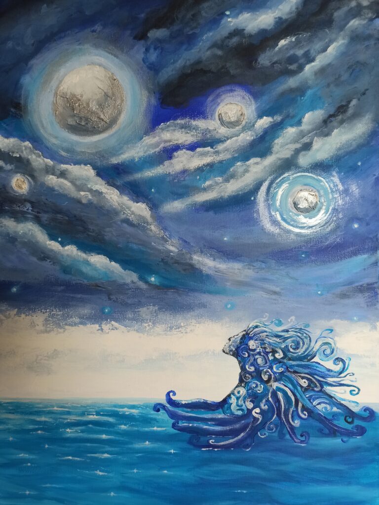 Obraz z pogranicza science-fiction i marzeń. Kobieta ośmiornica, która żyje samotnie na wodnej planecie. Z oddali patrzy na świecącą, nieznaną planetę - na stały ląd.